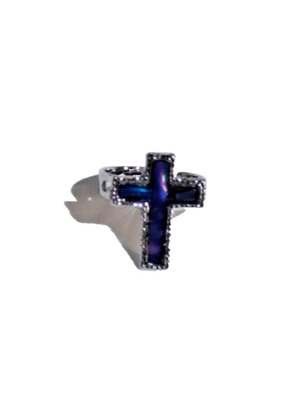 Paua Shell Iridescent Blue Silver Tone Cross Ring Sizable New
